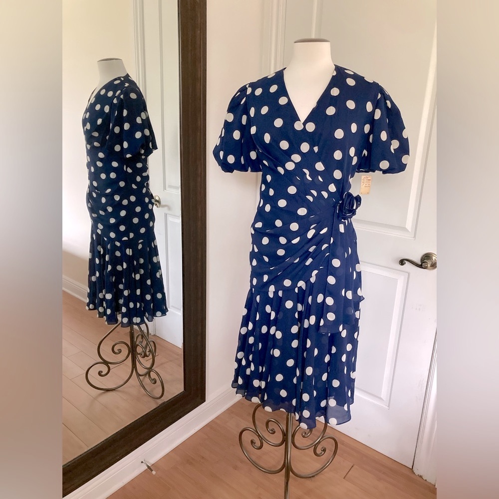 Liz Roberts Polka Dots Dress with Puffy Sleeves and Adorned side Rose on waist